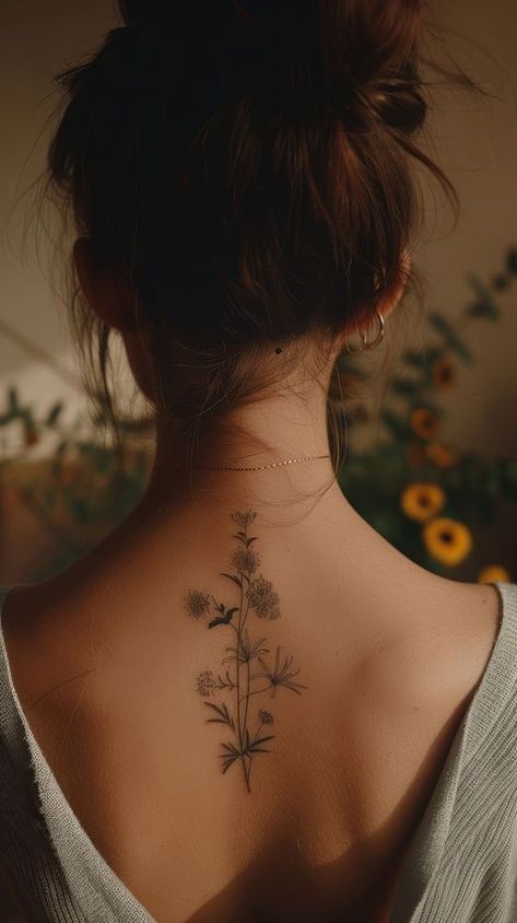 Flower tattoo back skin neck. | premium image by rawpixel.com / saturday Women’s Back Neck Tattoo, Neck Floral Tattoos Women, Woman Back Of Neck Tattoo, Minimalist Flower Tattoos For Women, Flower Bouquet Behind Ear Tattoo, Tattoo Back Of Neck Women, Flower And Tree Tattoo, Flower Back Neck Tattoo, Behind The Ear Floral Tattoo