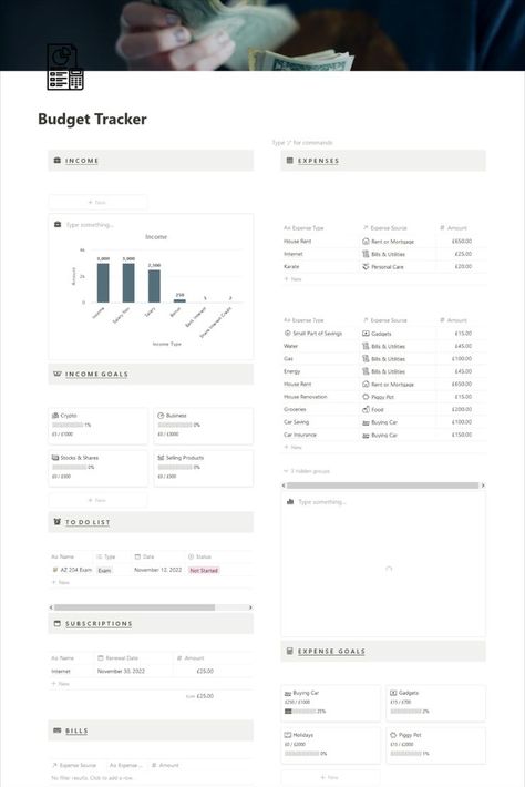 A notion template to plan & manage all your expenses & income. It is an all in one template containing finance tracker as well as budget planner. This contains sections like :- Income (graph view), Monthly Expense tracker, Subscription tracker, Income goals (To achieve your financial goals), Expenses goals, Account overalls (To keep track of all the platforms you are using {accounts tracker)}, To-list template. Download this free template now & start planning your budget, tracking your money 💰 Organisation, Financial Budget Planner, Budget Planner Free, Free Planner Templates, Money Template, Money Planner, Goals Template, Tracker Free, Monthly Planner Template