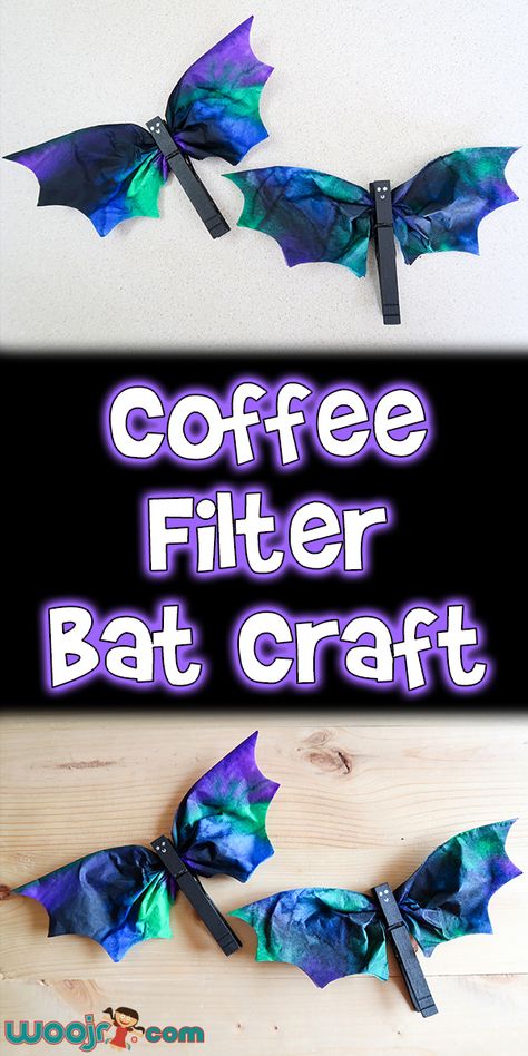 Coffee Filter Bat Craft | Woo! Jr. Kids Activities Høstaktiviteter For Barn, Bat Craft, Halloween Kunst, October Crafts, Halloween Arts And Crafts, Halloween Crafts For Toddlers, Halloween Preschool, Manualidades Halloween, Daycare Crafts