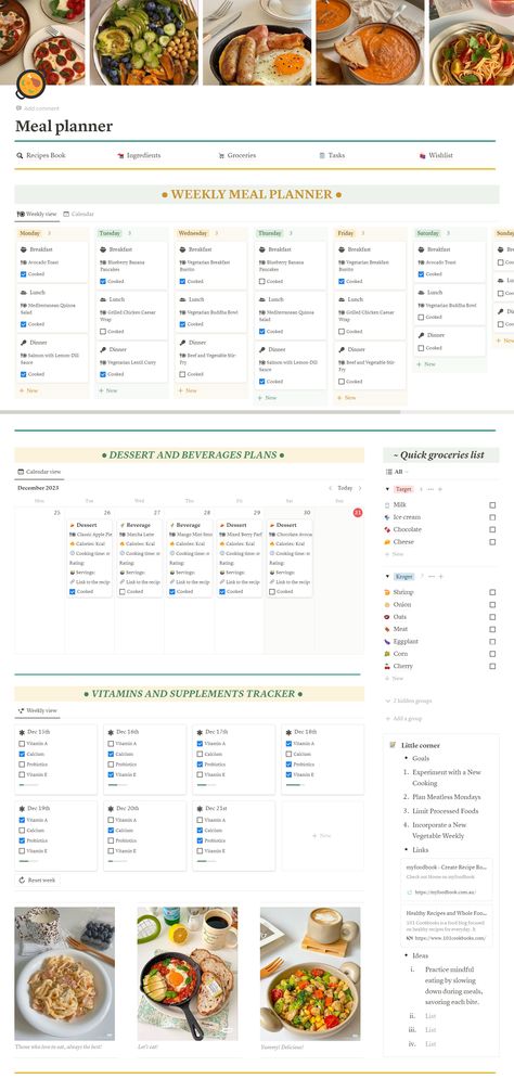 Elevate your meal planning and culinary journey with this Notion Meal Planner Template, a digital tool designed to help you organize your meals and groceries effortlessly. Groceries Ingredients Recipes Page Wishlist Tasks List Organisation, Notion Cookbook Template, Meal Prep Notion Template, Grocery List Notion Template, Food Notion Template, Meal Prep For The Week List, Meal Planning Notion, Diet Notion Template, Notion Grocery List Template