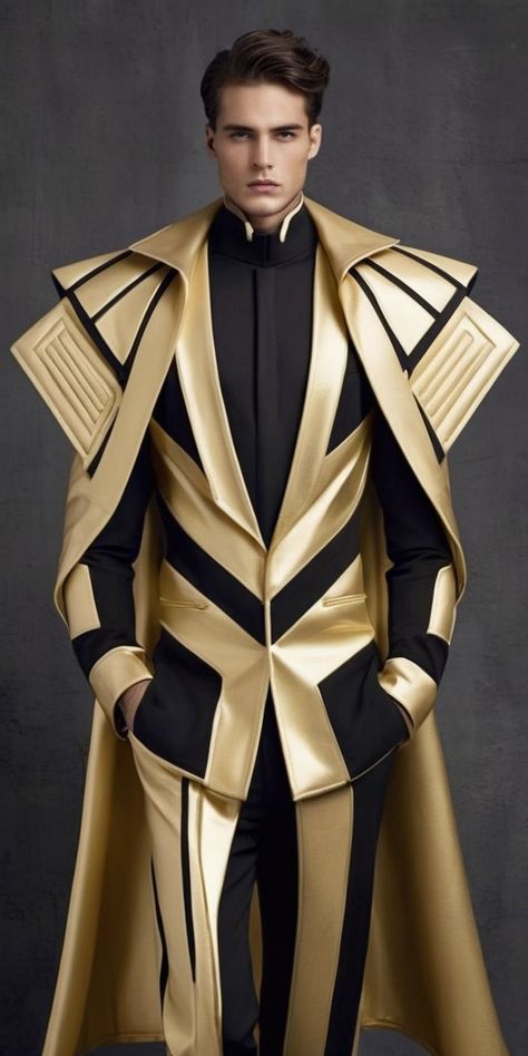 Futuristic Fashion For Men, Futuristic Suits Men, Male Extravagant Fashion, Scifi Outfit Male, Villain Outfits Design Male, Futuristic Mens Fashion, Mens Formal Fashion, Brutalist Fashion, Cyberpunk Suit