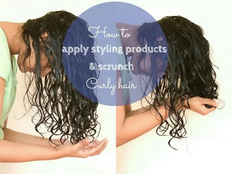How to apply products and scrunch curly hair Scrunch Hair Tutorial, Gel Curly Hair, Scrunched Hair, Dry Curly Hair, Curl Definition, Slicked Back Hair, Wavy Curly Hair, Curly Hair Routine, Curly Hair With Bangs