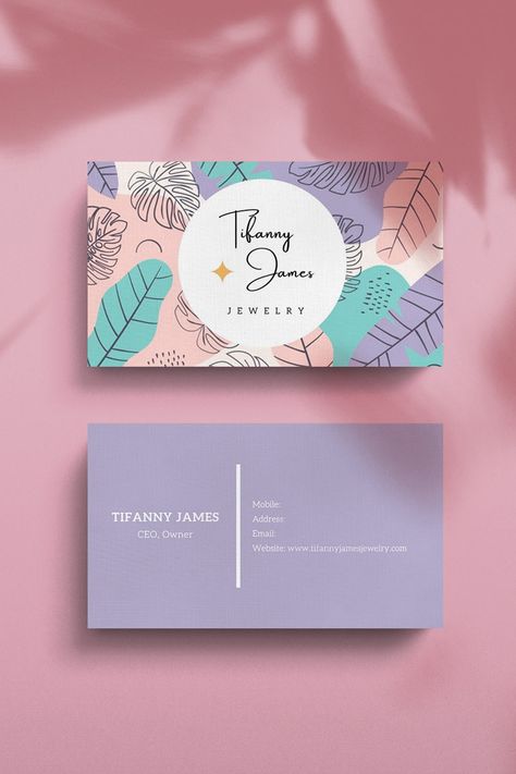 A classy, beautiful business card design with a calming, tropical vibe! Designed by Dyan Dee for Tifanny James, a local jewelry brand that sells all kinds of handmade accessories for women. #businesscards #branding #identity #graphicdesign #brandinspiration #branddesign #namecards #logo #illustration #pattern Jewelry Business Card, 귀여운 음식 그림, نباتات منزلية, Beautiful Business Card, Graphic Design Business Card, Graphisches Design, Name Card Design, Packaging Ideas Business, Thank You Card Design