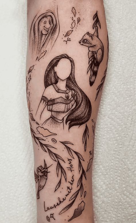 Pocahontas Sleeve Tattoo, Pocahontas Tattoo Ideas Small, Pocahontas Disney Tattoo, Disney Dragon Tattoo, Flit Tattoo Pocahontas, Pocahontas Compass Tattoo, Pocohantas Tattoo Ideas, Meeko Pocahontas Tattoo, Funny Tattoos Women