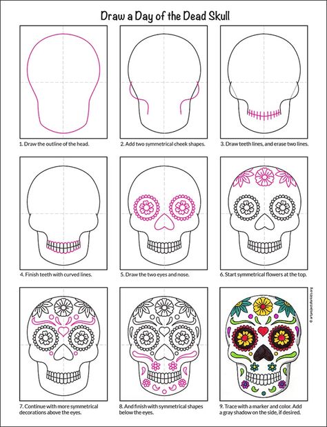 Day of the Dead Skull Drawing for Kids and Coloring Page Day Of The Dead Drawing, Veselý Halloween, Sugar Skull Drawing, Sugar Skull Painting, Skull Coloring Pages, October Art, Day Of The Dead Art, 6th Grade Art, Day Of The Dead Skull