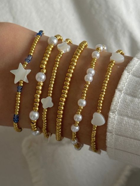 *standard bracelet size 6 1/2" on stretchy string (for custom size put length in order note)* Enewton Stack Ideas, Classy Beaded Bracelets, Bracelet Inspo Beads, Bead Bracelets Aesthetic, Mother Pearl Jewelry, Summer Beaded Jewelry, Diy Pearl Bracelet, Gold Bead Bracelet, Bracelet Stacks