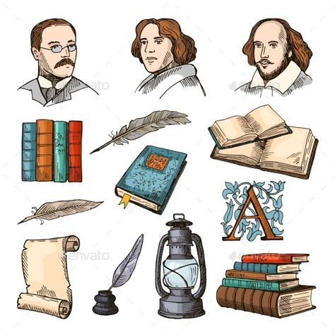 Colored symbols of literature and theatre. Doodle pictures set. Vector literature book, paper and pen, famous writer illustration Literature Symbols Drawing, Literature Drawing Ideas, Literature Doodles, Writers Illustration, Literature Pictures, Literature Drawing, Writer Illustration, Books Doodle, Literature Illustration