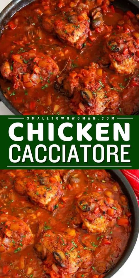 Try this chicken cacciatore recipe! It's a busy weeknight dinner you'll surely love. Made with chicken thighs in a well-seasoned tomato sauce, this Italian main dish for dinner is hearty and flavorful! Essen, Chicken In Tomato Sauce, Easy Chicken Cacciatore, Cacciatore Recipes, Chicken Cacciatore Recipe, Italian Chicken Recipes, Chicken Cacciatore, Easy Dinner Recipe, Chicken Dishes Recipes