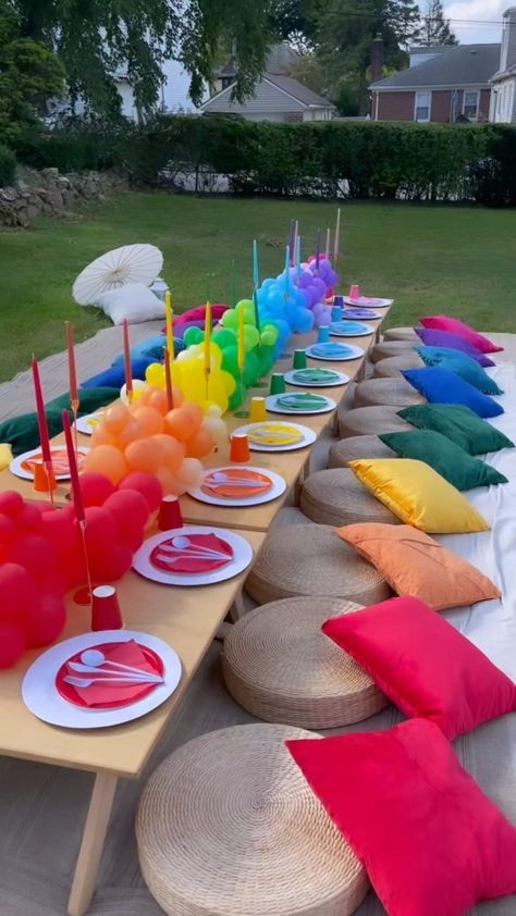 Color Party Table Decor, Cocomelon Picnic Party, Rainbow Picnic Food Ideas, Cocomelon Party Table Set Up, Color Food Party Ideas, Colors Birthday Party Theme, Color Picnic Ideas, Color Themed Picnic, Pride Birthday Party Ideas