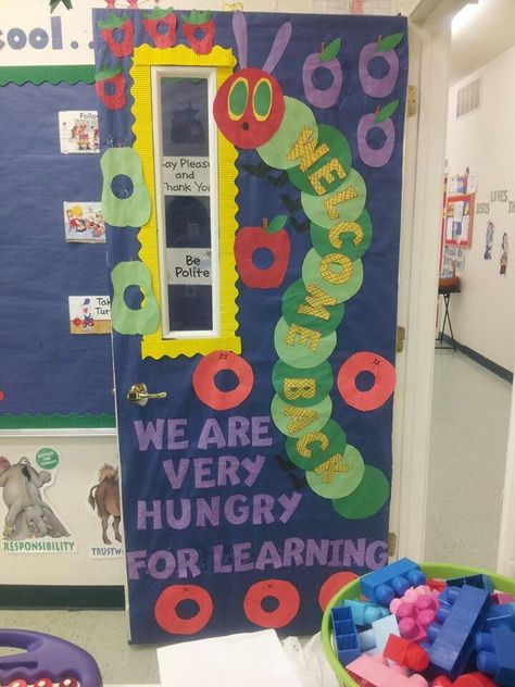 The Very Hungry Caterpillar Classroom Door, Very Hungry Caterpillar Door Decoration, Book Character Bulletin Board Ideas, Book Characters Classroom Decor, Hungry Caterpillar Door Decoration, Eric Carle Classroom Door Ideas, Book Character Door Decorations, Simple Door Decorations Classroom, Book Themed Classroom Doors