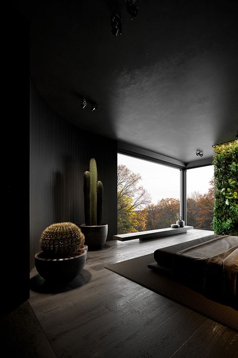 Modern Dark House, Dark House Aesthetic, Monochrome Interior Design, Japandi House, Dark Interior Design, Black Interior Design, Dark House, Architecture Model House, Smart Home Design