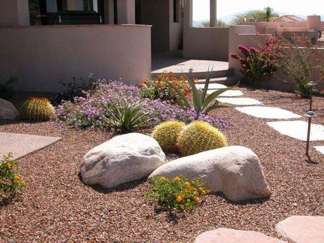 Large Boulders Inexpensive Desert Landscaping Ideas Desert Landscape Front Yard, Landscape Front Yard, Ranch Landscaping, Rock Flower Beds, Xeriscape Front Yard, Garden Ideas Diy Cheap, Front Yards Diy, Small Front Yards, Desert Backyard