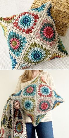 Cute and Cozy Crochet Pillows. Hygge (pronounced "Hue-guh") is a Scandinavian word that means "cozy, happy, special, warm, and nice." It can be used as a noun, a verb, or an adjective! This pillow embodies all of the warmth, coziness, and happiness that a crochet pillow can provide. The classic sunburst granny square is used to make this pattern. #freecrochetpattern #pillow #cushion Granny Square Throw Pillow, Crochet Fun Pillow Pattern Free, Granny Square Pillow Cover Free Pattern, Granny Square Pillow Pattern Free, Crochet Pillow Case Pattern Free, Granny Square Pillow Case, Crochet Pillow Cover Pattern, Crochet Pillow Case Pattern, Crochet Pillow Case