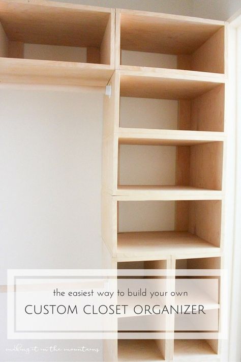 This brilliant DIY custom closet organizer is not only easy to build, but makes creating your own custom closet configuration both simple and affordable! Closet Configuration, Wood Closet Shelves, Apartment Closet Organization, Diy Closet Shelves, Diy Closet Storage, Diy Custom Closet, Deep Closet, Custom Closet Organization, Closet Apartment