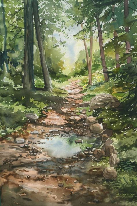 Serene Forest Path with Gentle Stream in Sunlit Woods - Nature Watercolor Painting royalty free stock photography Nature, Path Watercolor, Forest Path Painting, Nature Watercolor Painting, Path Painting, Inspirational Paintings, Watercolour Landscapes, Serene Forest, Watercolor Paintings Nature