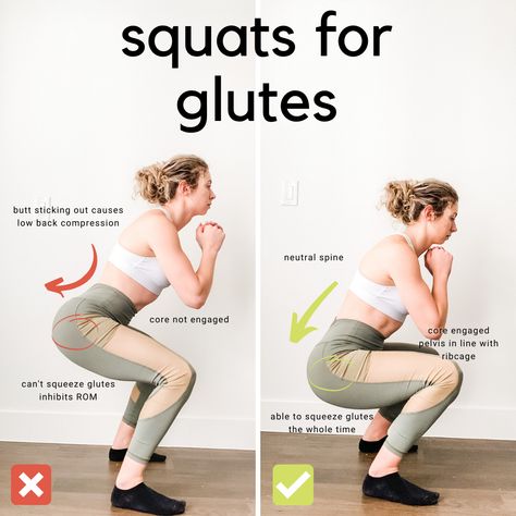 Don't mess up your #squatform with this mistake! Grow your glutes by using correct squat form. #biggerglutes #bootyexercises #glutes Squats To Target Glutes, Glute Squat Form, Squats To Grow Glutes, Glute Squat Workout, Better Squat Form, Flute Workout With Weights, Proper Form For Squats, Squat Correct Form, Good Squat Form