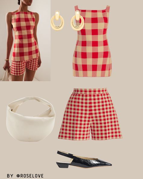 🌟 Summer chic in gingham! 🌟  Turn heads with our red and beige gingham set. Pair it with black slingback flats, a cream bag, and gold hoops for the perfect look.  🛒 Shop now and elevate your style! #SummerStyle #OOTD #Fashionista #ROSELOVE Black Slingback Flats, Italian Summer Outfit, Gingham Set, Beige Gingham, Cream Bag, Italian Summer Outfits, Cream Bags, Red And Beige, Summer Capsule