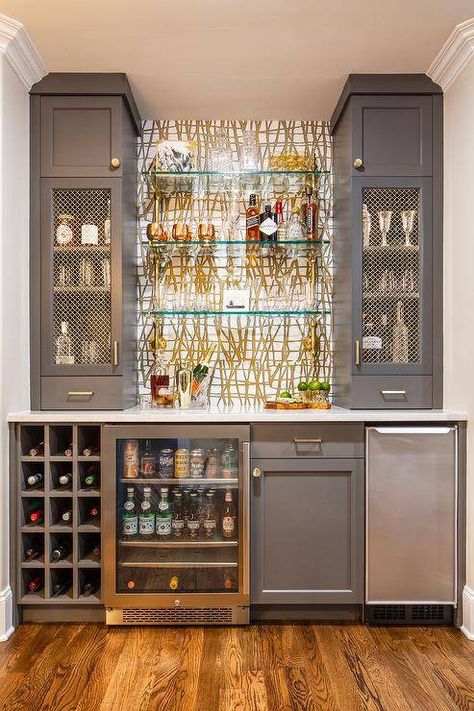 43 Wet Bar Ideas To Inspire You Wet Bar Ideas In Living Room, French Bistro Shelving, Glass Bar Shelves, Modern Wet Bar, Small Kitchen Bar, Wet Bar Cabinets, Built In Wet Bar, Bistro Shelving, Wet Bar Designs