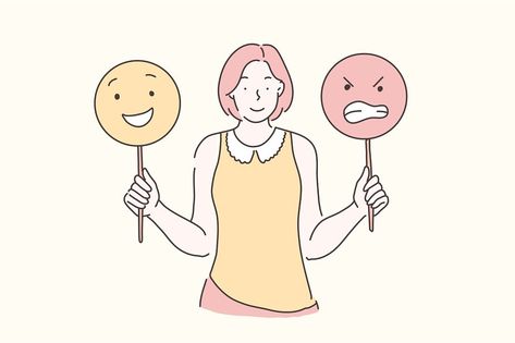 Change of emotions, mood, character concept. Young beautiful woman teaches develops emotional intelligence. Teenager girl holding emoticons. Vector flat design. Character Development, Manage Emotions, Presentation Pictures, Korean Phrases, Mood Changes, Managing Emotions, Public Speaking, Scene Creator, Powerpoint Design