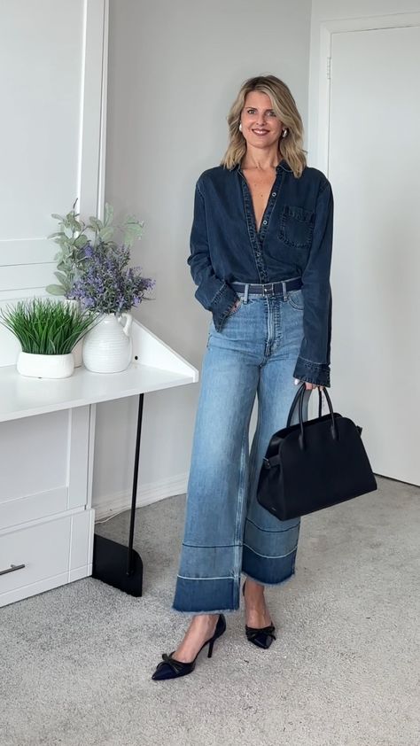 The Way-High® Sailor Jean curated on LTK Asian Fashion, Double Denim, Jean Street Style, Street Style 2024, Double Denim Looks, Sailor Jean, Jeans Street Style, Style 2024, Denim Outfit