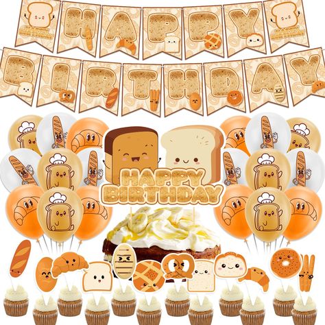 PRICES MAY VARY. Toast Bread Party Supplies: Package includes 1* boast bread HAPPY BIRTHDAY banner, 1* boast bread HAPPY BIRTHDAY cake topper, 12* bread cupcake toppers, 18* bread balloons, 1 ribbon. Sufficient quantity makes your party atmosphere more intense and brings more happiness. Material: Toast bread birthday banner, cake topper and cupcake toppers are made of high quality cardboard, you don't have to worry about tearing and folding.Bread balloons are made of natural latex, bright colors Bread Theme Party, Music Note Party Decorations, Birthday Banner Cake Topper, Banner Cake Topper, Party Kitchen, Toast Bread, Kitchen Decorations, Cake Banner Topper, Baking Party