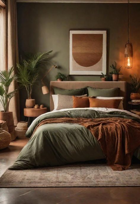 36 Earthy Bedroom Ideas for a Serene Space 16 Bedroom Different Aesthetics, Gray And Clay Bedroom, Bedroom Color Small Room, 2 Bedroom Decor Ideas, Natural Interior Design Apartment, Small Bedroom Ideas Earth Tones, Bedroom Earthy Decor, Sage And Rust Bedding, Brown Interior Design Bedroom Ideas