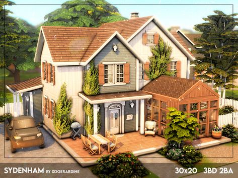 Sims 4 Houses Layout 3 Story, Ts4 3 Bedroom House, Sims 4 Boho House Exterior, Sims 4 Houses Ideas Exterior, Sims House With Greenhouse, Sims 4 Houses For Family, Sims House Simple, Sims 4 Cute Family House, 3 Bedroom House Sims 4