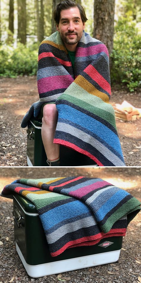 Campfire Blanket Free Knitting Pattern Couture, Knitted Blanket Designs, Campfire Blanket Pattern, Campfire Blanket Crochet, Striped Knit Blanket Pattern, Striped Knit Blanket, Knit Square Blanket, Modern Knit Blanket Pattern, Scrappy Knitted Blankets