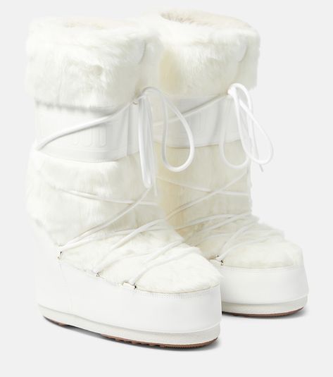 Upper: faux fur. Lining: rubber. Sole: fur insole, rubber sole. Toe shape: round toe. Made in Romania. Includes: shoe box. Designer color name: Optical White. White Fur Boots, White Snow Boots, Moon Boot, White Moon, Made In Romania, Chunky Shoes, Ski Fashion, Cute Sneakers, Moon Boots