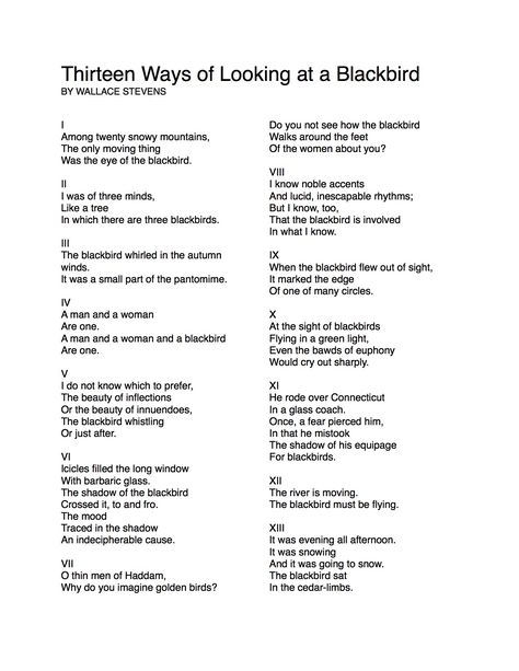 Poem: "Thirteen Ways of Looking at a Blackbird" - by Wallace Stevens. Crows, Wallace Stevens, Poetry Month, Poem A Day, Blackbird, Love Words, Black Bird, Beautiful Quotes, Poets