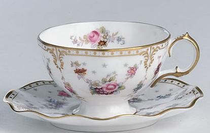 Royal Crown Derby Royal Antoinette teacup as seen in the 1995 version of Pride and Prejudice Pretty Tea Cups, Antique Tea Cups, China Cups And Saucers, China Tea Sets, Royal Crown Derby, Vintage Teacups, Teapots And Cups, Vintage Cups, Antique Tea