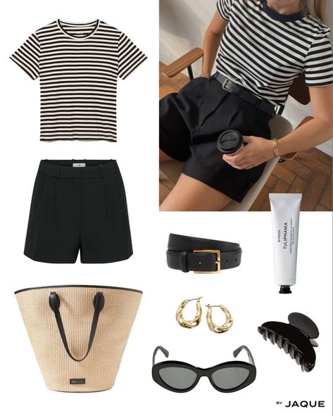 Shorts Minimalist Outfit, Trouser Shorts Outfit Casual, Coastal Granddaughter Earrings, Black Pleated Shorts Outfit, Striped Tshirt Outfits Summer, Stripe T Shirt Outfit, Stripes Tshirt Outfits, Golden Earrings Aesthetic, Stripped Tshirt Outfits
