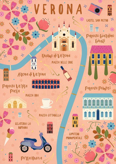 Hand Drawn Map, Verona Italy, Travel Illustration, Illustrated Map, Travel Maps, City Maps, Map Design, Travel List, Travel Inspo