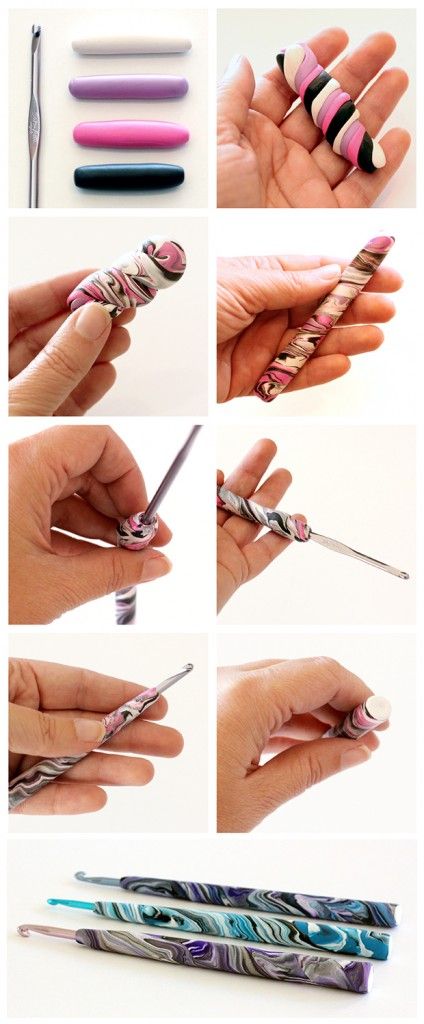 Tutorial on how to make polymer clay grips for your crochet hooks. Clay Crochet Hook, Crochet Hook Organizer, Crochet Hook Handles, Diy Polymer Clay, Crochet Stitches Diagram, Crochet Stitches Free, Crochet Blanket Pattern, Afghan Crochet, Crochet Needles