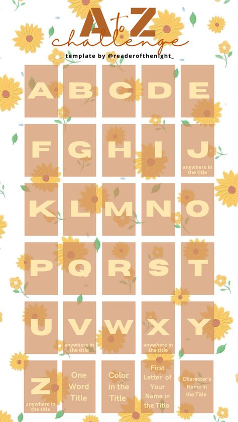 Read books and complete the letters of the alphabet using this template (additional four mini challenges) A To Z Book Challenge, Reading Challenge Template, Reading Challange, Challenge Template, Book Reading Journal, Character Words, Wisdom Books, Book Instagram, Book Clubs