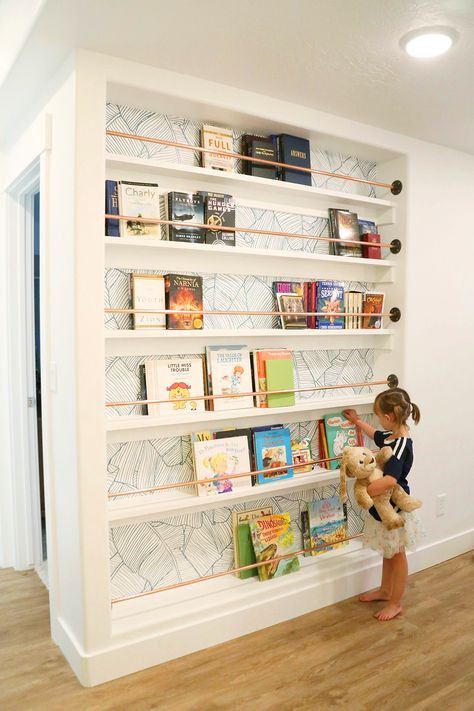 Playroom And Living Room Ideas, Best Basement Wall Colors, Kids Play Basement, First Floor Playroom, Hallway Library Ideas, Bookshelf Built In Wall, Play Room Kid Design, Homeschool Room Ideas Small, Library Minimalist