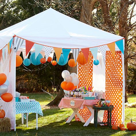 Circus Party Decorations - This is so fun!  You can customize to any color scheme or holiday.  Love the paper lanterns. Summer Outdoor Party Decorations, Circus Party Decorations, Festival Booth, Summer Outdoor Party, Outdoor Birthday, Summer Party Decorations, Tent Decorations, Carnival Birthday Parties, Carnival Birthday