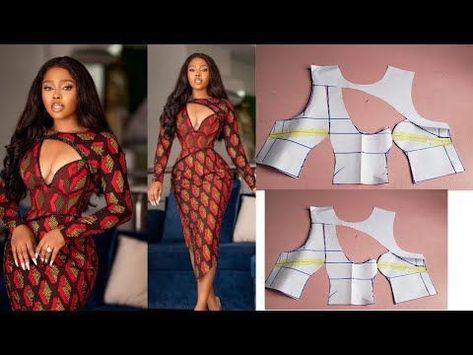 How to cut an asymmetric neckline Couture, Asymmetric Neckline Ankara Dress, Bustier Ankara Dress, Ankara Neckline Designs, Dress From Curtains, Ankara Dress Patterns Sewing, Illustration Design Dress, Diy Ankara Dress, African Design Dresses Ankara