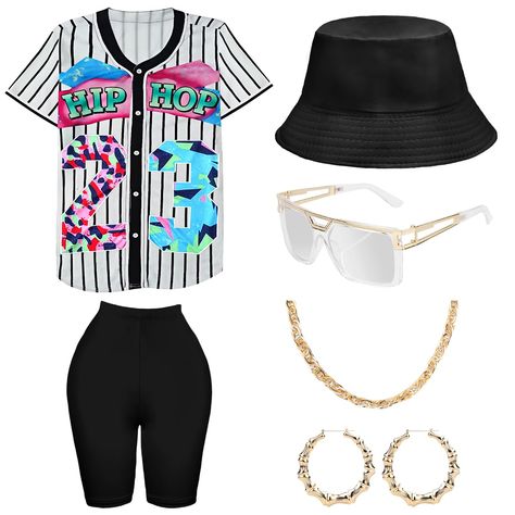 PRICES MAY VARY. 【80s 90s Neon Costumes & Accessories Set】：Includs 6 accessories, baseball jersey shirt x1, yoga pants x1, bucket hat x1, artificial gold rope chain x1, hip hop glasses x1, 1 pair of earrings. This complete outfit and accessory set is perfect for any 80s 90s-themed party, allowing you to stand out and express your hiphop style. 【Bright Colored Accessories】：Bright and colorful colors make you stand out at parties in the 80s 90s. Baseball jersey shirt, short sleeve yoga pants, and Early 2000s Fashion Hip Hop Women, 90s Block Party Outfit, Women's 80s Fashion, 80 Theme Party Outfit 80s Style, Sports Jersey Outfit Women, 90’s Inspired Outfits, 80s Outfits For Women, 90s Party Outfit Black Women, Y2k Themed Party