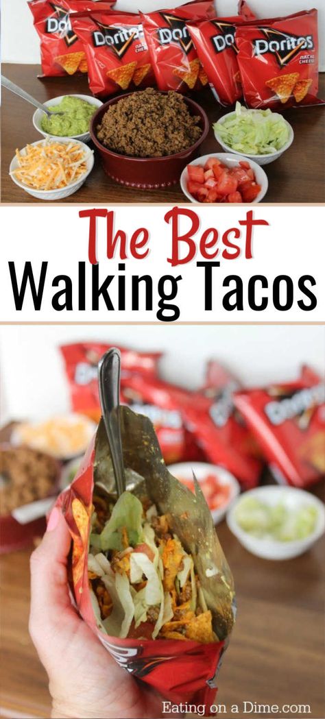 Walking Tacos For A Crowd, Tacos For A Crowd, Walking Taco Bar, Walking Tacos Recipe, Taco Recipes Mexican, Walking Taco, Walking Tacos, Taco Recipe, Easy Camping Meals