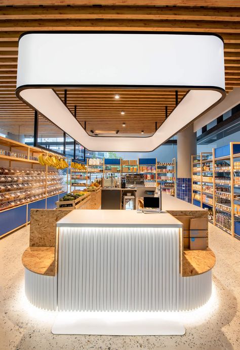 Supermarket Interior Design Modern, Super Market Exterior Design, Modern Supermarket Design, Small Store Design Food, Supermarket Design Exterior, Modern Store Interiors, Modern Grocery Store Design, Mini Market Design, Small Supermarket Design