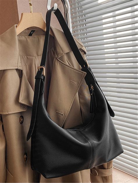 Black Elegant Collar  PU Leather Plain Hobo Bag Embellished   Women Bags Office Bag Essentials, Office Bags For Women, Big Crossbody Bag, Crossbody Bag Outfit, Best Work Bag, Work Purse, My Style Bags, Big Purses, Office Bag