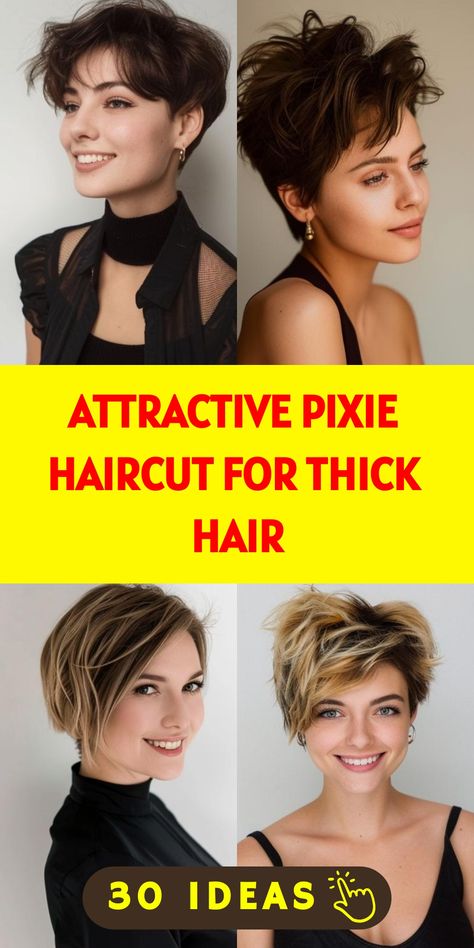 Channel your inner diva with 30 glamorous pixie haircuts for thick hair. These styles are perfect for showcasing your thick locks and adding a touch of sophistication to your look. Short Haircuts For Coarse Thick Hair, Pixie Thick Hair Round Face, Short Hairstyle Women Thick Coarse Hair, Easy Short Haircuts For Thick Hair, "bixie" Haircut For Thick Hair, Pixie Haircut Plus Size Women, Growing Pixie Hairstyles, Pixie Bob Haircut For Thick Hair, Long Pixie Hairstyles For Thick Hair