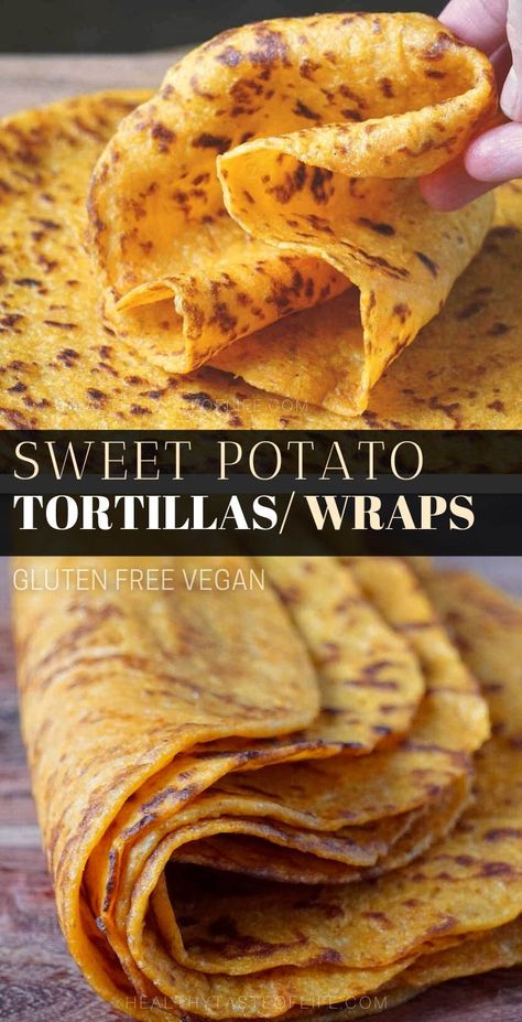 This sweet potato tortillas recipe features cooked mashed sweet potatoes mixed with flour and seasonings to form soft pliable gluten free tortillas that are also vegan friendly. These sweet potato tortillas can be enjoyed as side dish or finger food, you can make burritos, taquitos, quesadillas, tacos, wraps or roll-ups. #sweetpotatotortillas #sweetpotatowraps #glutenfreetortillas #glutenfreewraps #vegantortillas #veganwraps Gluten Free Burritos Wrap, Gluten Free Vegan Tortilla Wraps, Corn Free Tortillas, Vegan Gluten Free Tortilla Recipe, Gluten Free Vegan Wraps, Homemade Grain Free Tortillas, Vegan Gluten Free Tacos, Gluten Free Wrap Recipe, Potato Tortilla Recipe