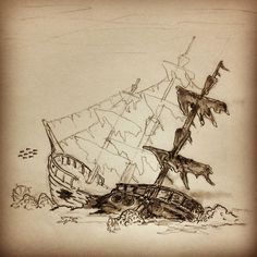 Shipwreck Tattoo, Sunken Ship Tattoo, Pirate Ship Drawing, Ship Sketch, Pirate Ship Art, Boat Tattoo, Bateau Pirate, Pirate Tattoo, Boat Drawing