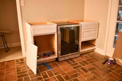 How to Build a DIY Dry Bar - House On Longwood Lane Diy Dry Bar With Mini Fridge, Diy Built In Bar, Basement Dry Bar, Basement Dry Bar Ideas, Diy Dry Bar, Diy Basement Bar, Dry Bar Ideas, Built In Wet Bar, Bar House