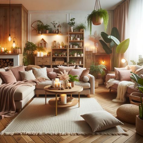 Photo of a cozy living room with soft lighting, plush cushions, wooden furniture, and indoor plants, embodying home inspo vibes. Cute And Cozy Living Room Ideas, Cozy Plant Decor, Living Room Interior Aesthetic, Cosy Interior Design Living Room, Small Cozy Boho Living Room, Home Decor Comfy, Natural Wood Apartment Decor, Bohemian Living Room Plants, Bright Earthy Living Room