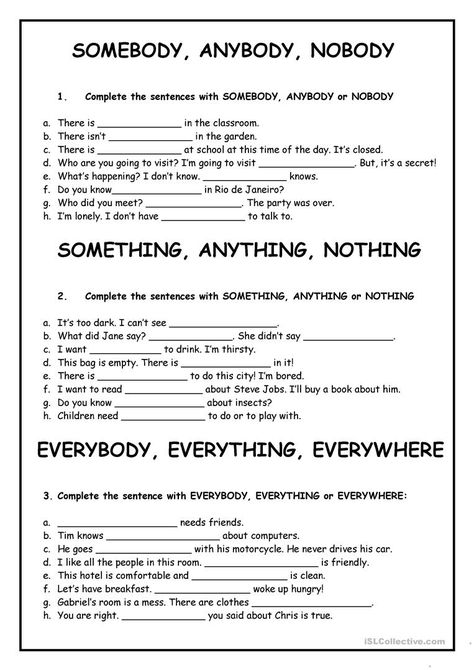 SOMEBODY, ANYBODY, NOBODY, SOMETHING, ANYTHING, ETC - English ESL Worksheets for distance learning and physical classrooms English Grammar Test, English Grammar Exercises, Pronoun Worksheets, English Teaching Materials, Grammar Exercises, English Exercises, Teaching English Grammar, English Grammar Worksheets, Learn English Grammar