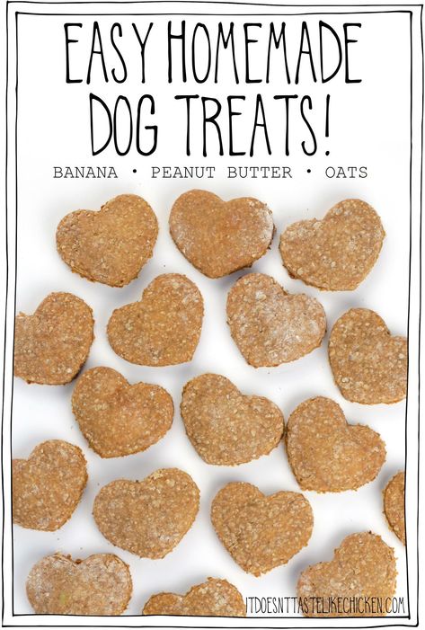 Easy Homemade Dog Treats are made with just 3 ingredients! All it takes is banana, peanut butter, and oats and you can make these cute cookies for your pup, or for a doggy friend of yours. Not only are these easy to make, but they are so much more affordable than store-bought treats and dogs LOVE them! #itdoesnttastelikechicken #dogrecipes Essen, Dog Treats Made With Bananas, Banana Oat Dog Treats, Simple Dog Treats, Famous Banana Bread Recipe, Easy Homemade Dog Treats, Healthy Dog Biscuits, Pup Treats, Soft Dog Treats