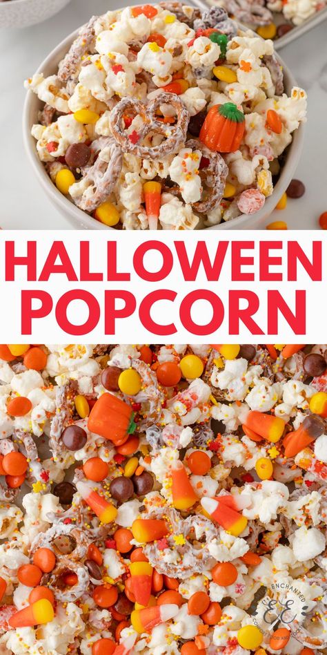 Halloween Popcorn is a chocolate covered popcorn snack with pretzels, sprinkles, and candy corn and pumpkins. Popcorn With Candy, Halloween Popcorn Mix, Popcorn Bar Toppings, Halloween Popcorn Treats, Candy Corn Mix, Halloween Popcorn Balls, Candy Corn Recipe, Covered Popcorn, Flavored Popcorn Recipes